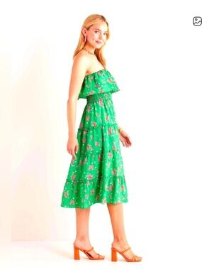 THML Strapless Green Floral Tiered Midi Dress